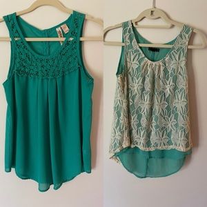 Two green sheer sleeveless blouses